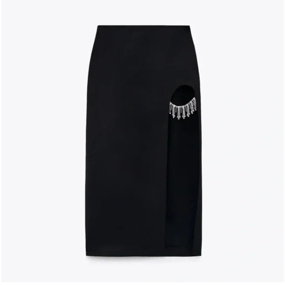 Zara Rhinestone Jewel Trim Open Slit Cut Out Thigh Satin Black Midi Skirt